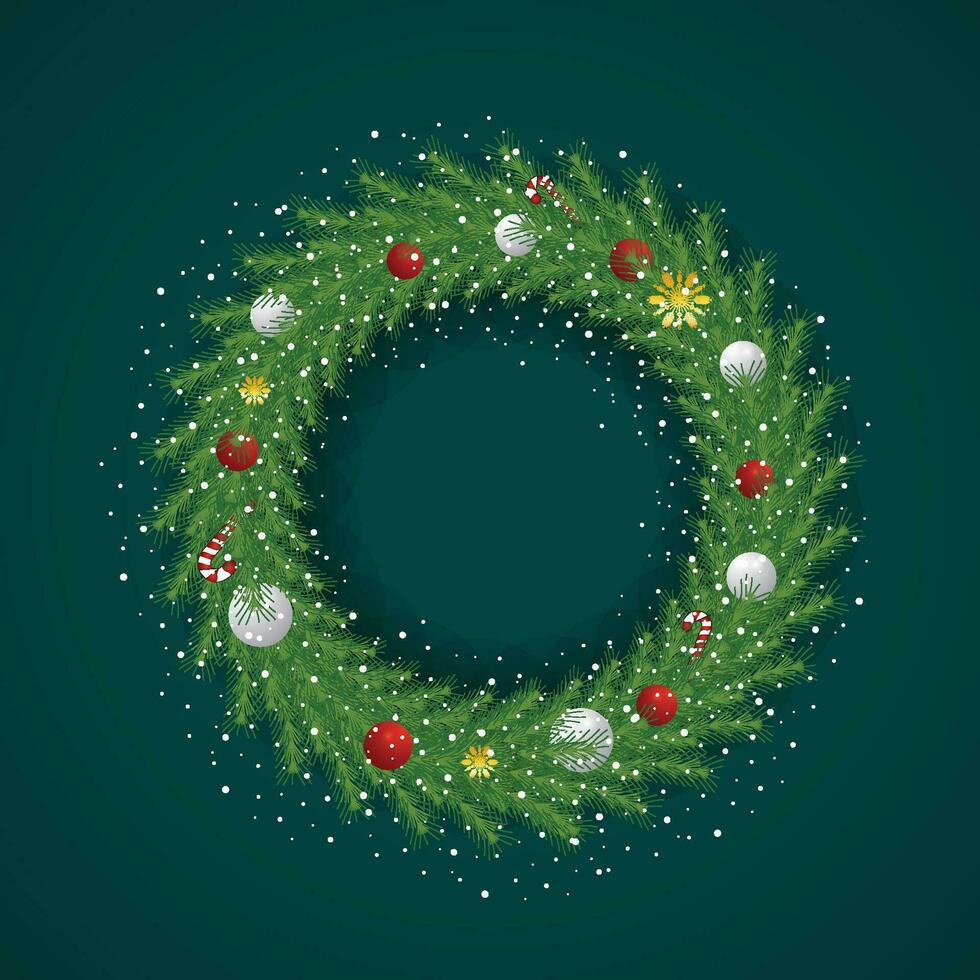 realistisch Weihnachten Grün Kranz mit rot und Weiß Bälle und Schnee mit Schneeflocken und Süßigkeiten. vektor