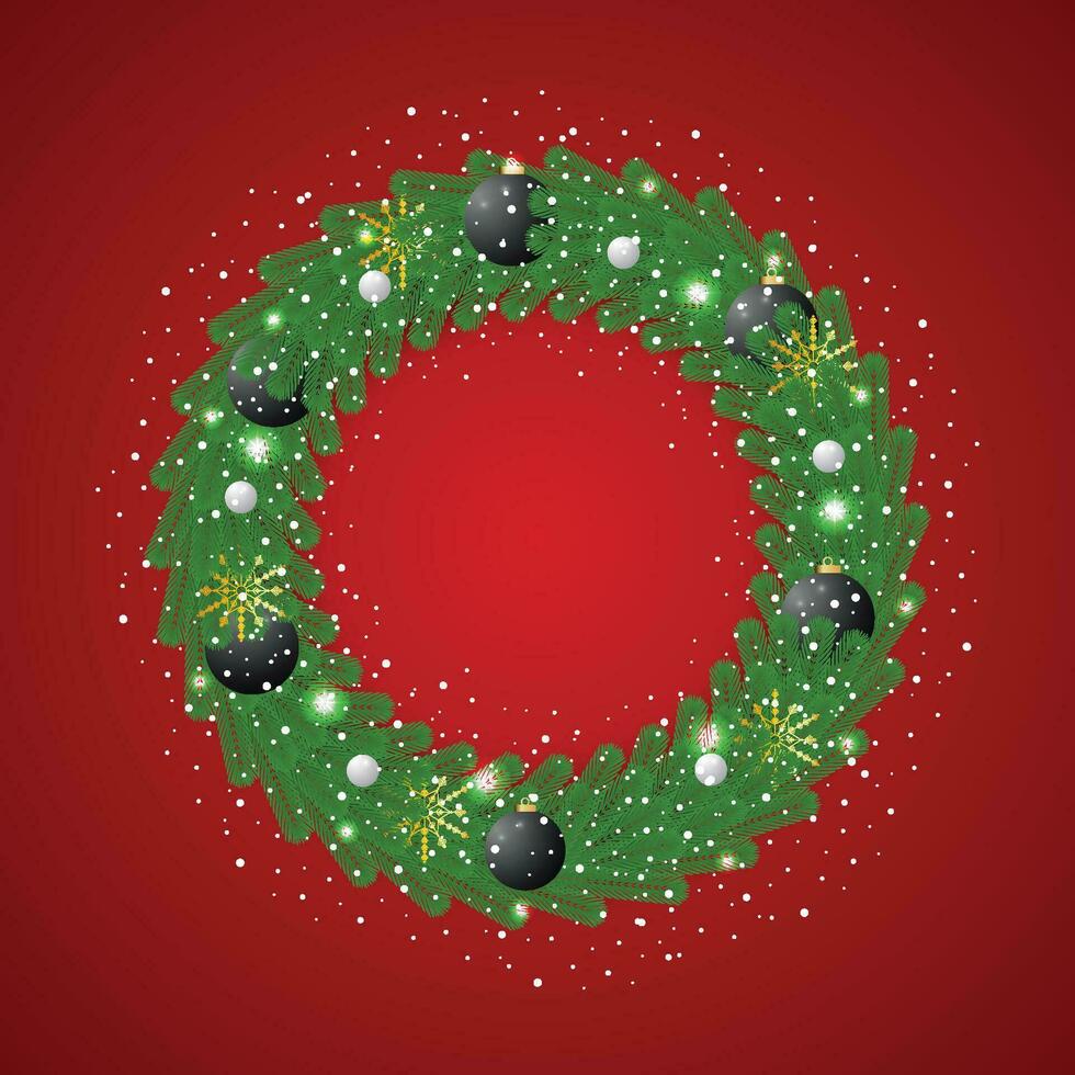 realistisch Weihnachten Grün Kranz mit schwarz und Weiß Bälle mit Schnee und Schneeflocke mit Licht. vektor