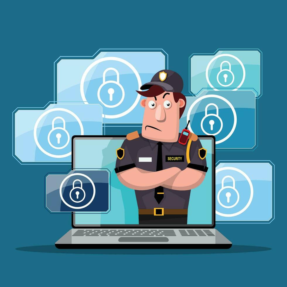 Sicherheit bewachen schützen Daten und Passwort von Computer. vektor
