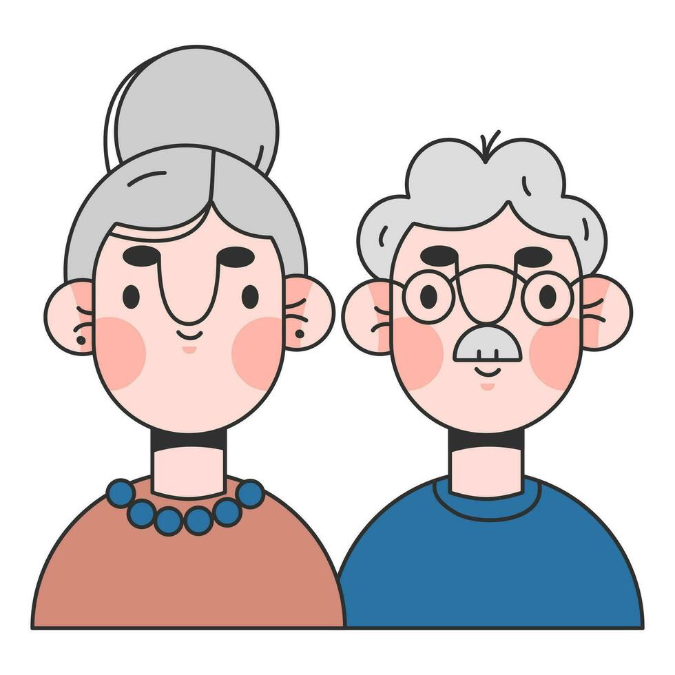 porträtt av en senior äldre par isolerat. ett äldre man och kvinna tillsammans. färgad platt vektor illustration av en gråhårig människor