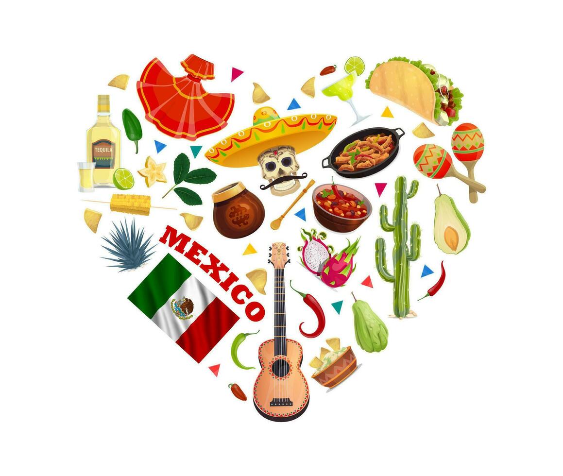 Liebe Mexiko Herz Form, Mexikaner Flagge, Essen, Schädel vektor