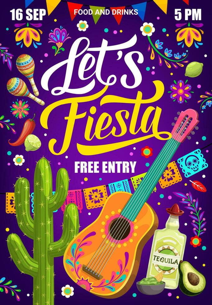 Mexikaner Fiesta Party Flyer, Gitarre, Marakas, Flaggen vektor