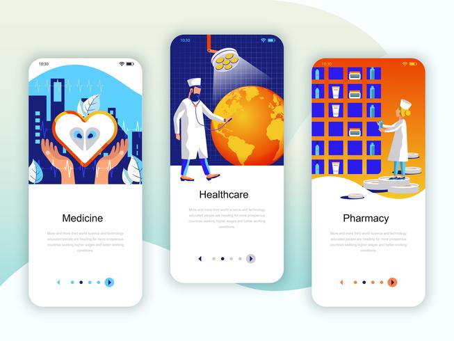 Set mit Onboarding-Bildschirmen für die Benutzeroberfläche für Medizin, Gesundheitswesen, Pharmazie vektor