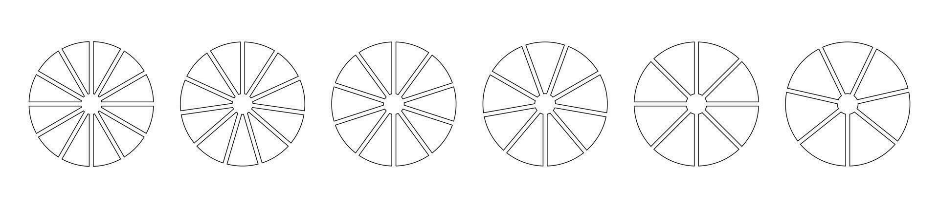 paj Diagram mallar. cirkel dividerat på 12, 11, 10, 9, 8, 7 likvärdig skivor. Graf linje konst. hjul diagram med tolv, elva, tio, nio, åtta, sju sektorer. översikt munk Diagram, paj segmenterade. vektor