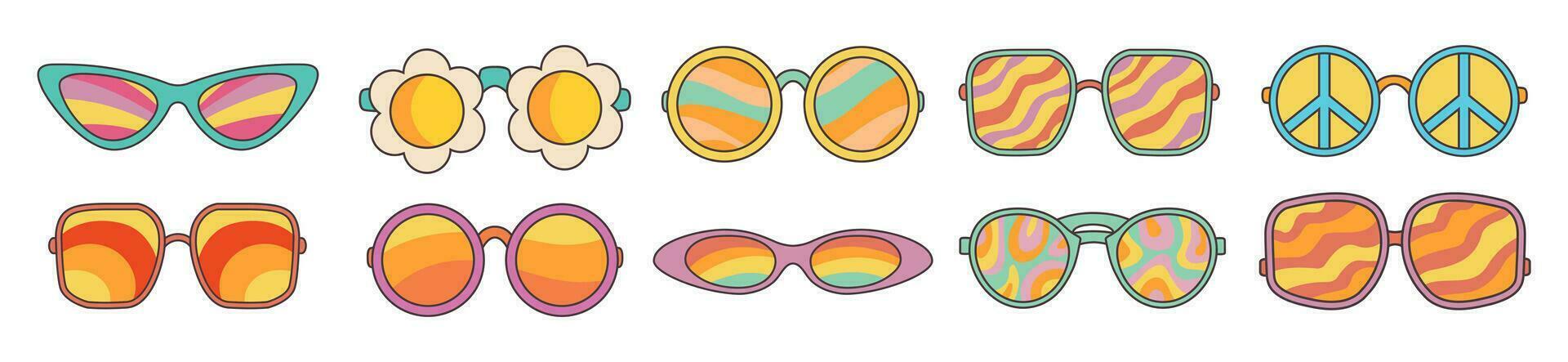 groovig Sonnenbrille einstellen im retro Hippie Stil. Karikatur psychedelisch Elemente. vektor