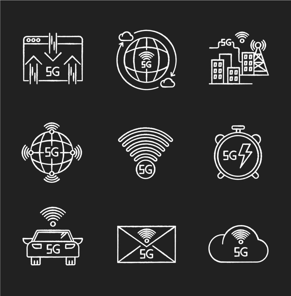 5g krita vita ikoner för trådlös teknik på svart bakgrund vektor