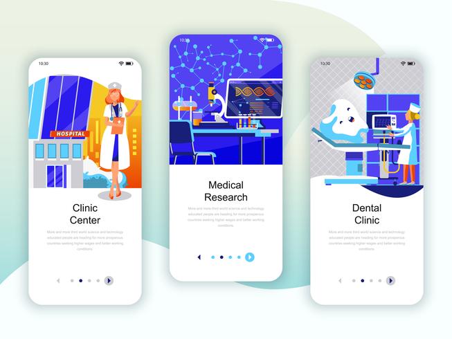 Set von Onboarding-Bildschirmen Benutzeroberflächen-Kit für Medizin, Forschung vektor