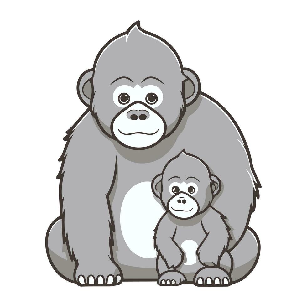 Vektor Illustration von ein Gorilla mit ein Baby auf ein Weiß Hintergrund.