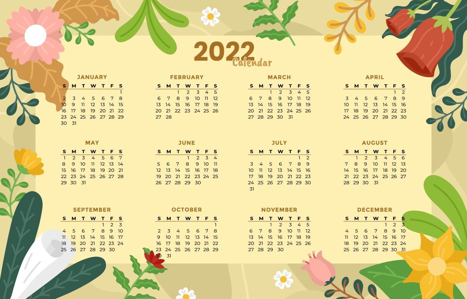 2021 redigerbar kalender med blommig dekoration vektor
