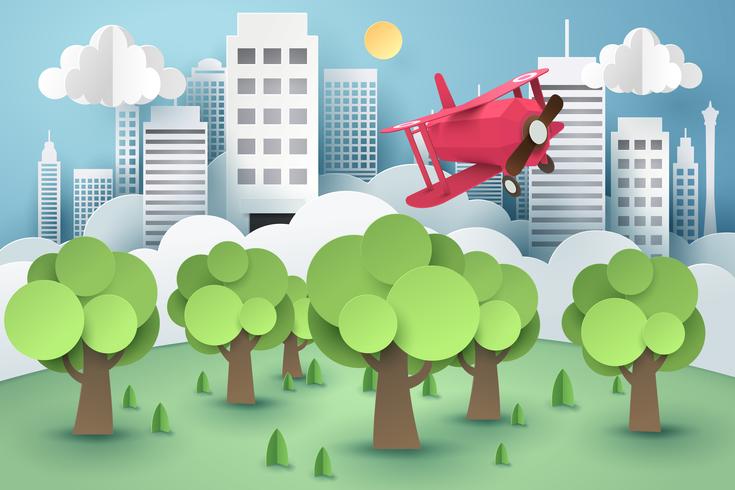 Papperskonst av rosa flygplan som flyger över skog och stad, origami och hållbart vektor