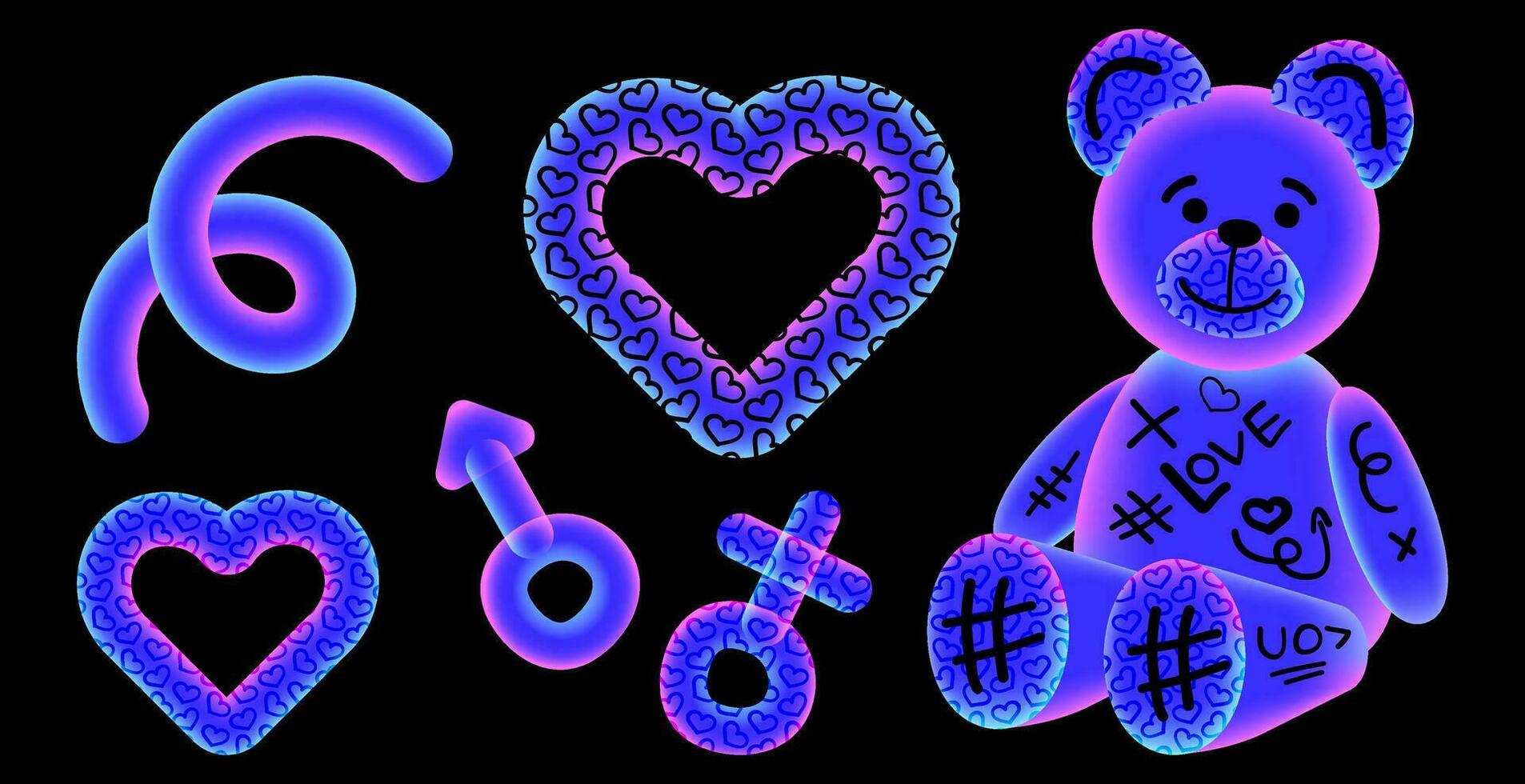 uppsättning av klotter element i neon Färg med lutning. teddy Björn, hjärta, kön tecken. vektor illustration.