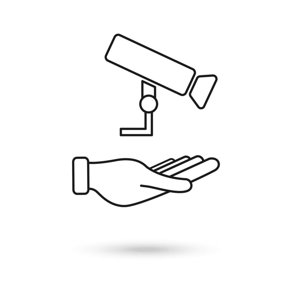 Hand mit CCTV, Sicherheits-Digitalkamera, Schutzsymbol für dünne Linien. vektor