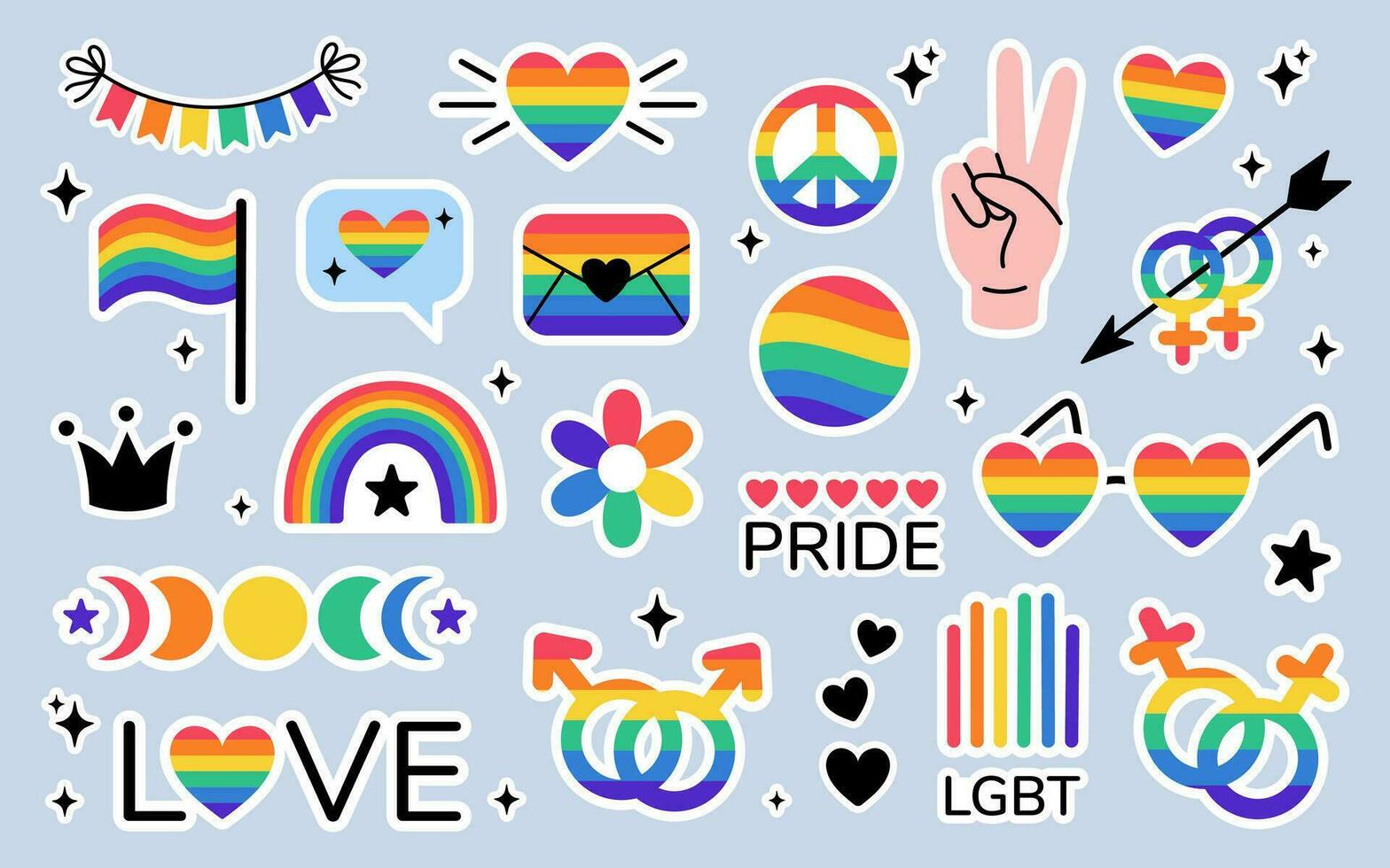 lgbt Aufkleber Pack im Gekritzel Stil. lgbtq Satz. lgbt Stolz Gemeinschaft Symbole. Regenbogen farbig Elemente. Vektor Illustration.