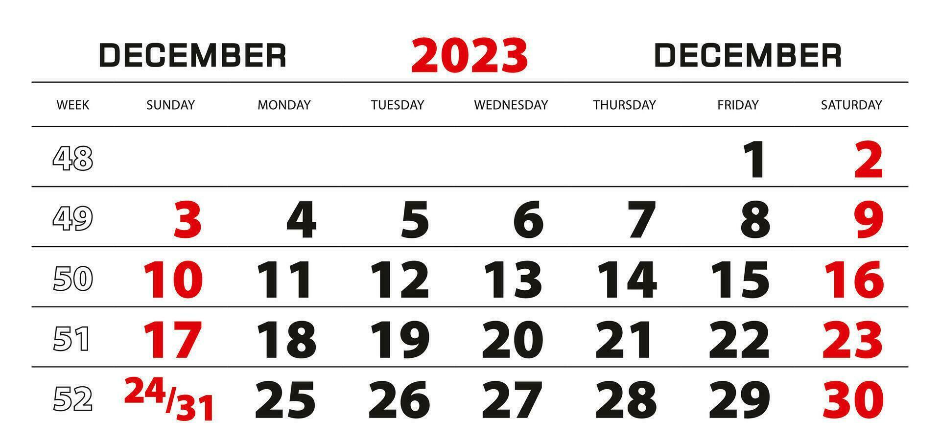 vägg kalender 2023 för december, vecka Start från söndag. vektor