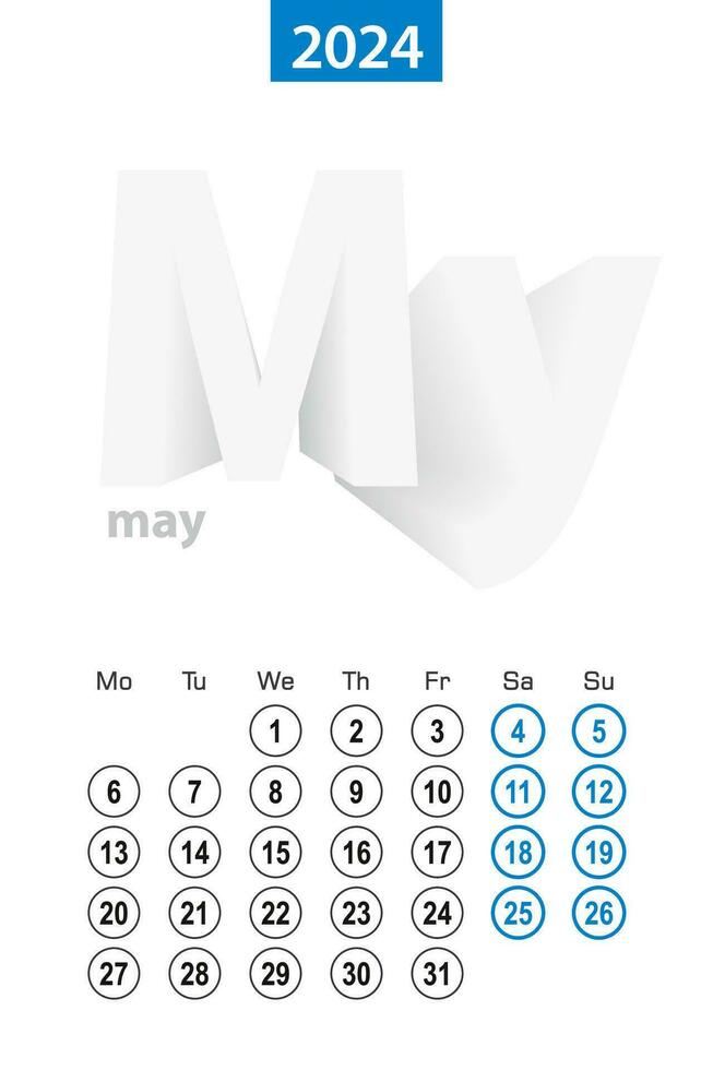 kalender för Maj 2024, blå cirkel design. engelsk språk, vecka börjar på måndag. vektor