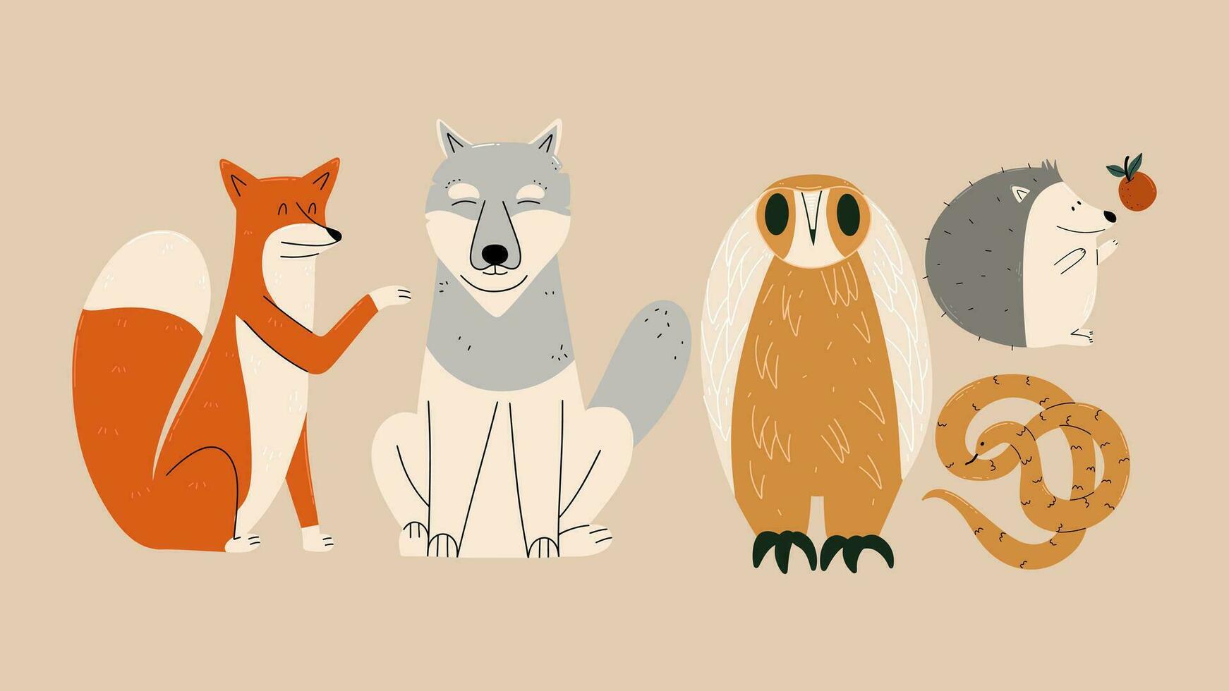 einstellen von wild Tiere. Fuchs, Wolf, Eule, Schlange, Igel. Hand zeichnen Illustration vektor