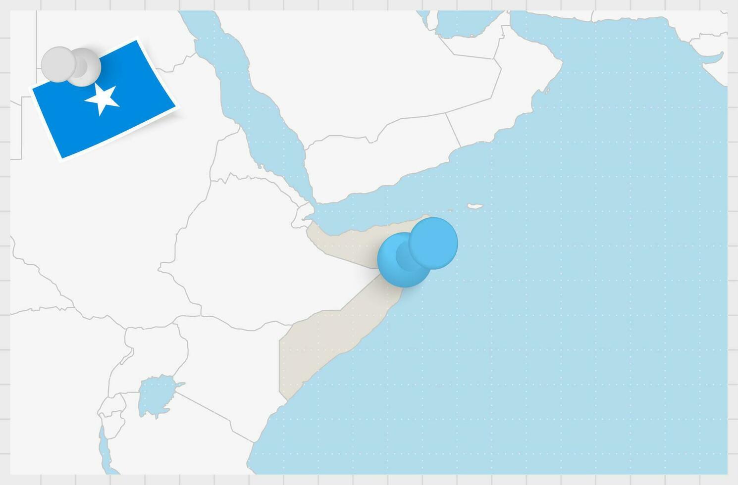 Karta av somalia med en fästs blå stift. fästs flagga av somalia. vektor