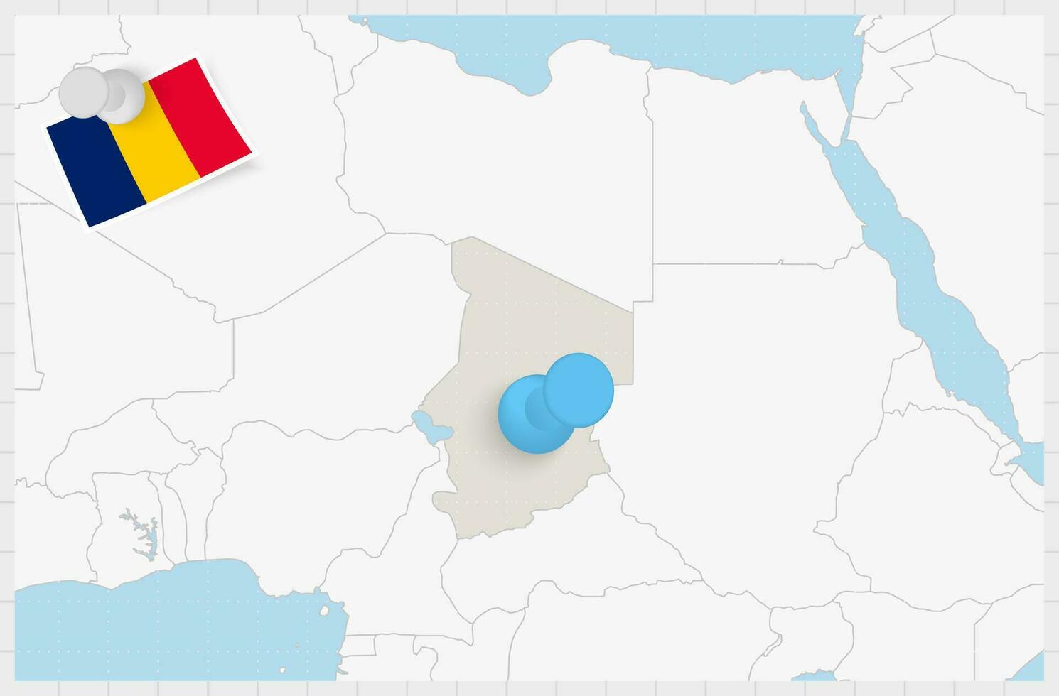 Karta av chad med en fästs blå stift. fästs flagga av Tchad. vektor