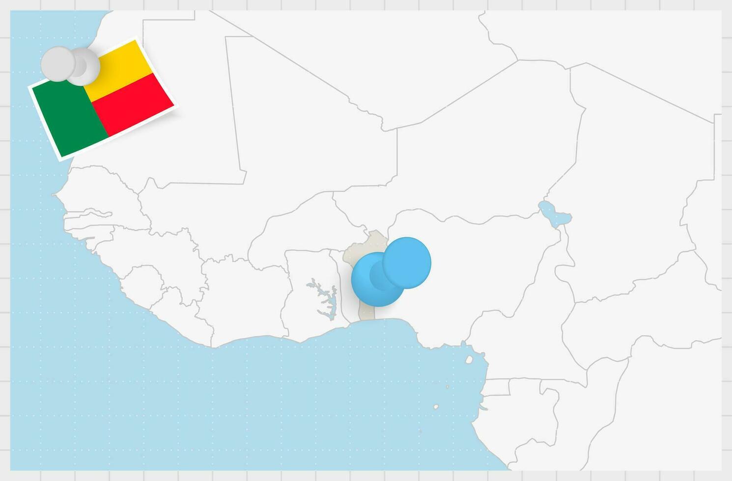 Karta av benin med en fästs blå stift. fästs flagga av benin. vektor