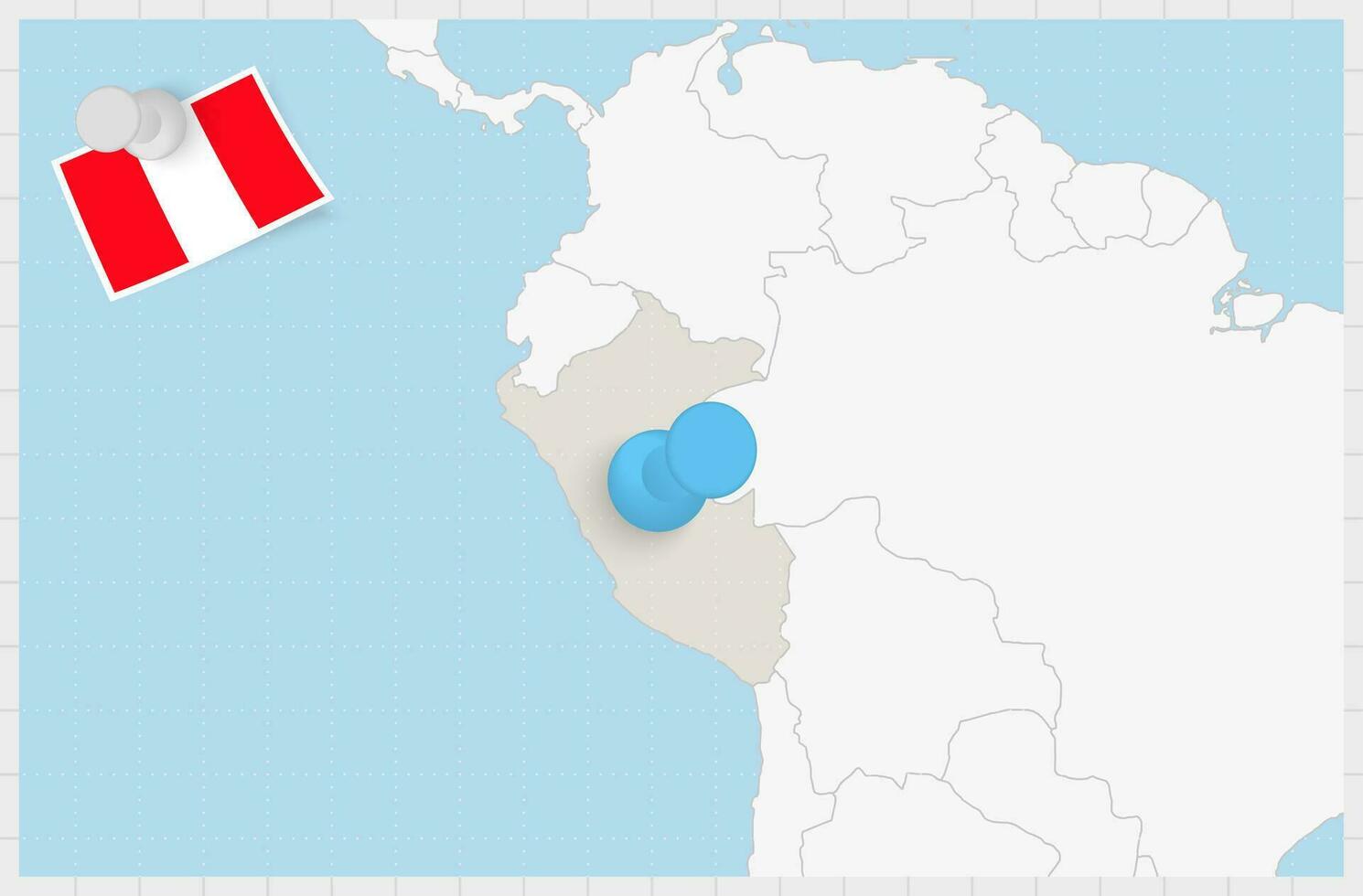 Karta av peru med en fästs blå stift. fästs flagga av peru. vektor