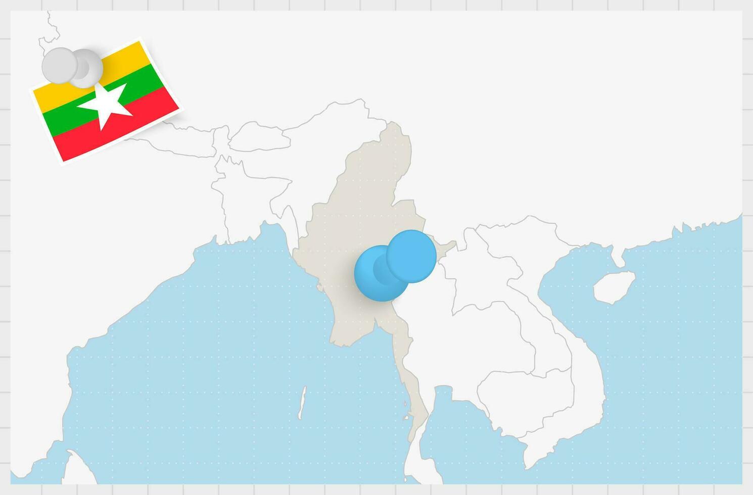 Karta av myanmar med en fästs blå stift. fästs flagga av myanmar. vektor