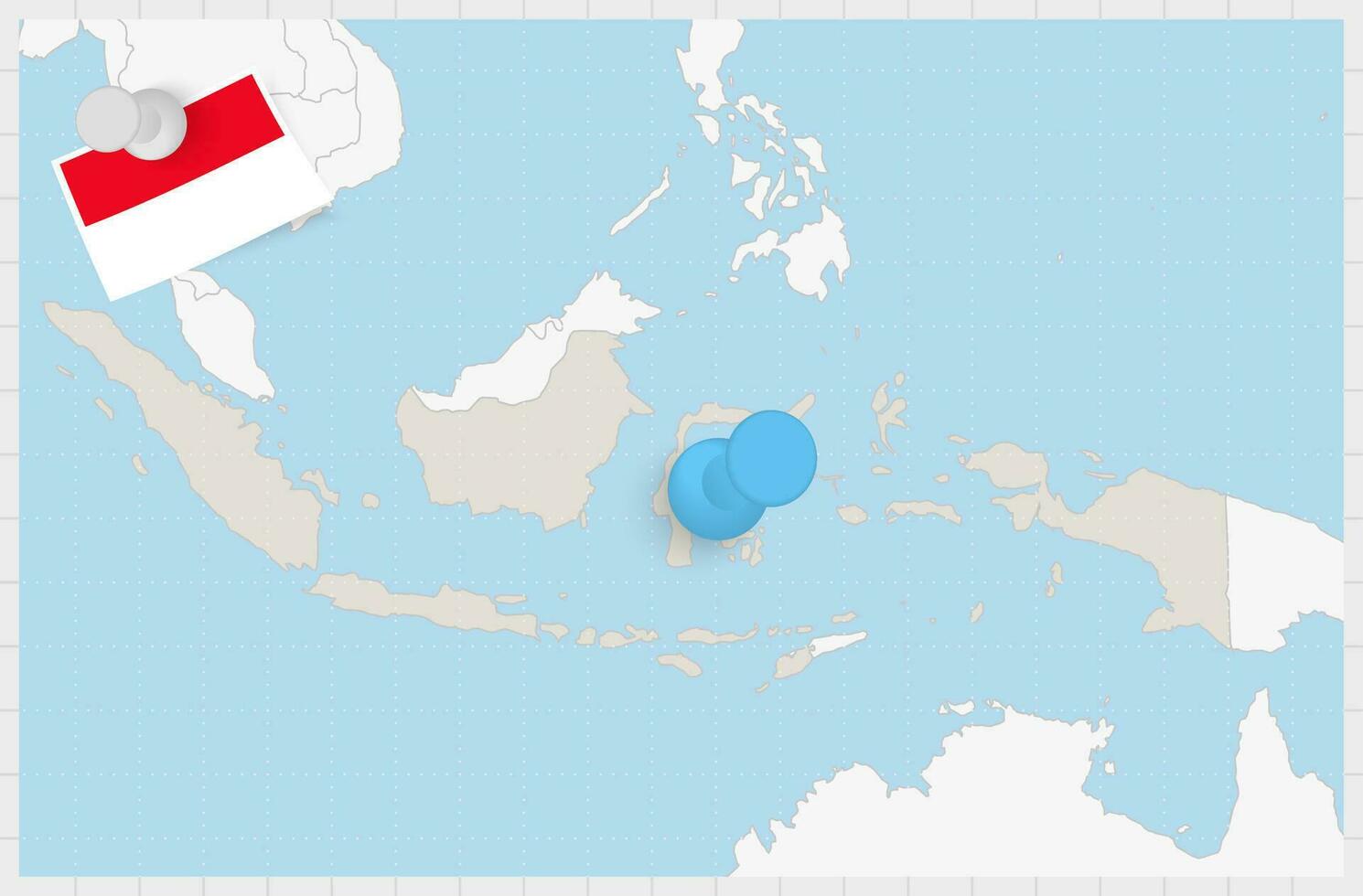 Karta av indonesien med en fästs blå stift. fästs flagga av Indonesien. vektor