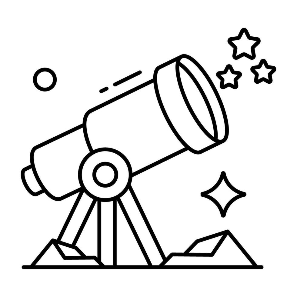 en Plats forskning verktyg ikon, linje design av teleskop vektor