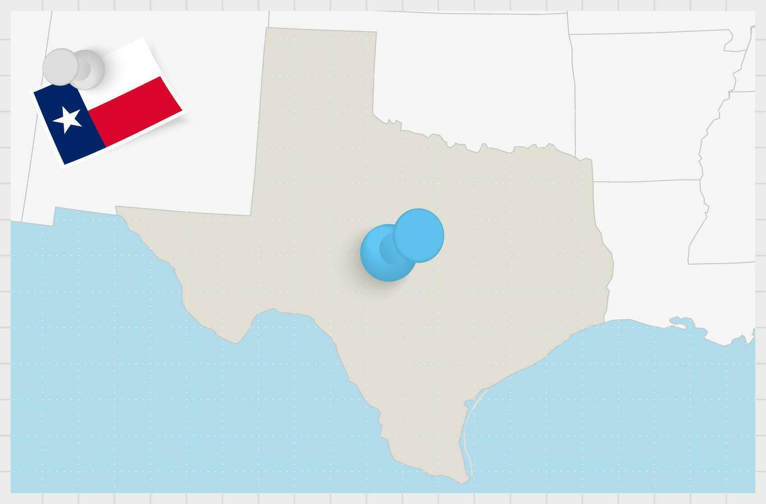 Karta av texas med en fästs blå stift. fästs flagga av texas. vektor