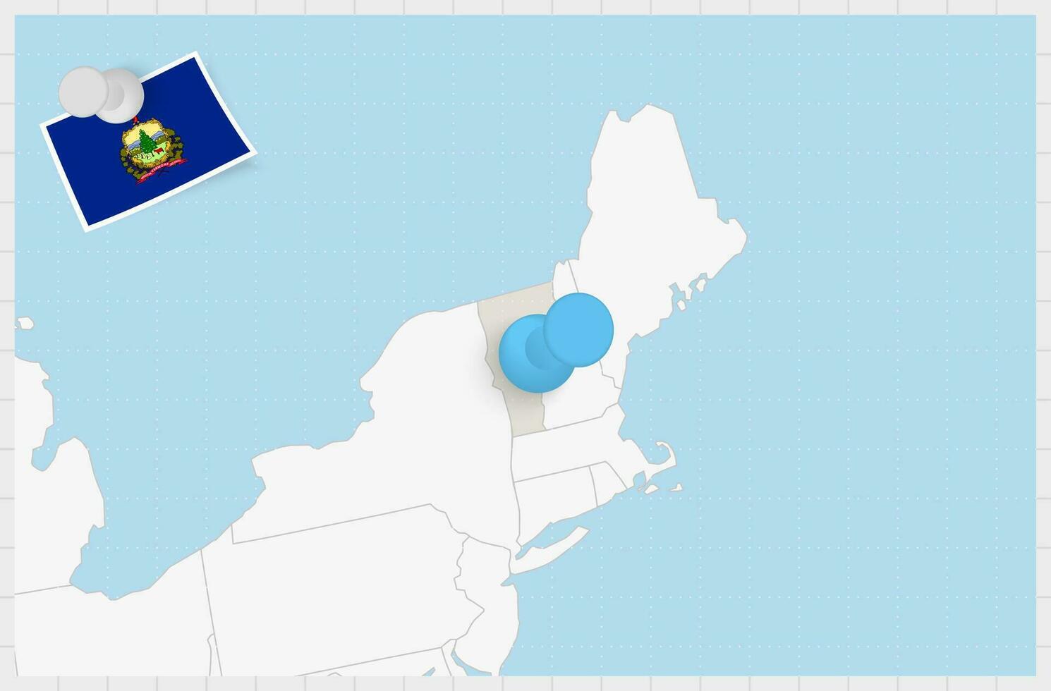 Karta av vermont med en fästs blå stift. fästs flagga av vermont. vektor