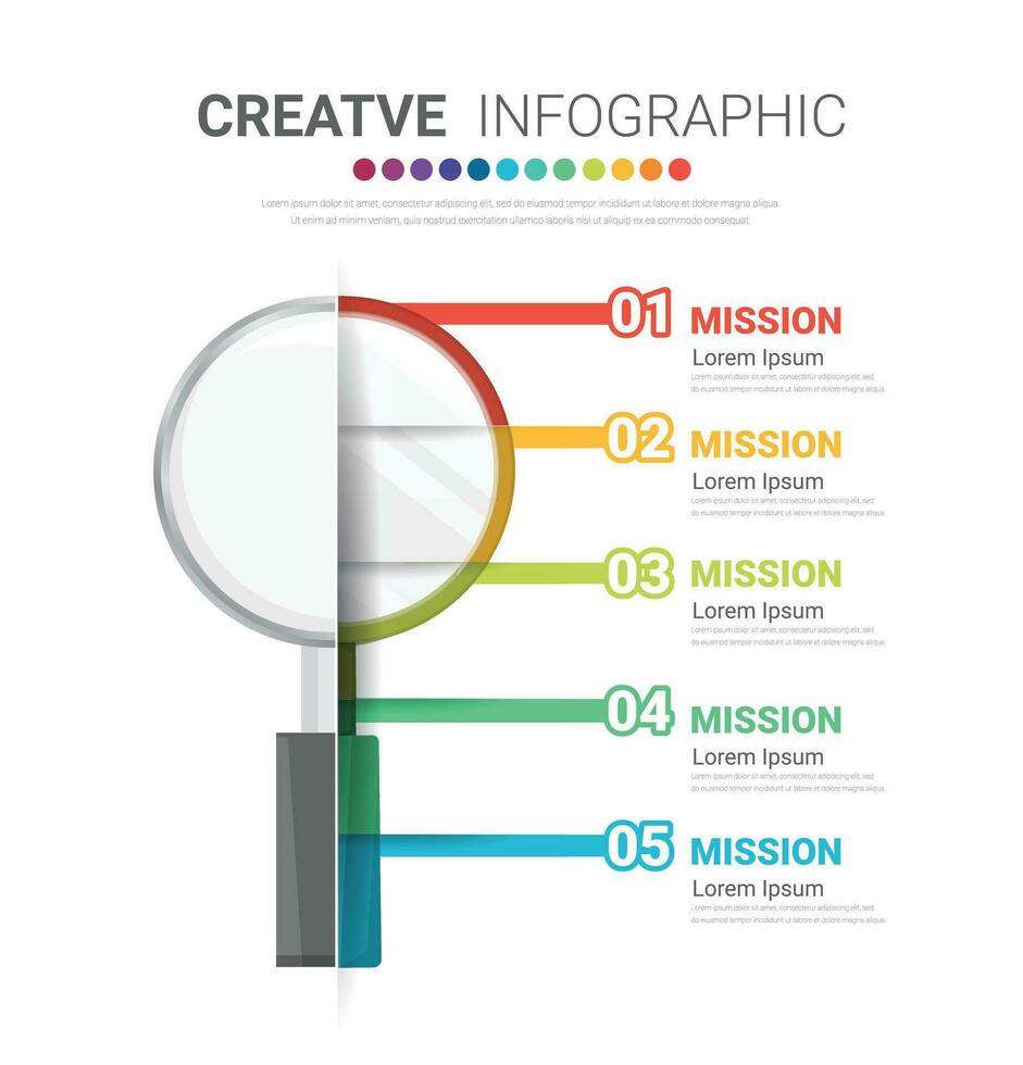 Infografik Vorlage mit Lupe, Bildung Infografik 5 Schritte Vorlage Design, Lupe Glas Konzept. vektor