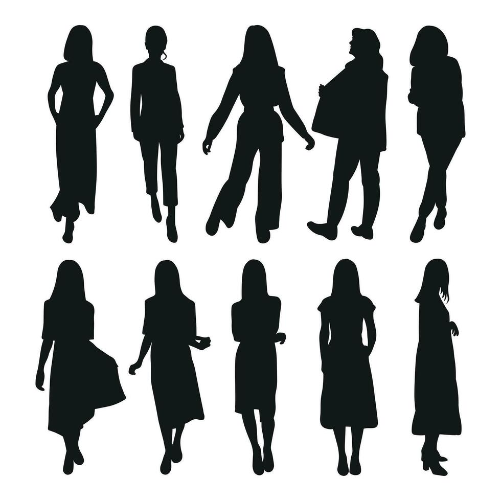 vektor feminin silhuetter av kvinna, kvinnor, kvinna, jungfru, tös, damer, flickor. företag kvinnor, entreprenör, verkställande, fashionista, lärare, publik, studenter, flick