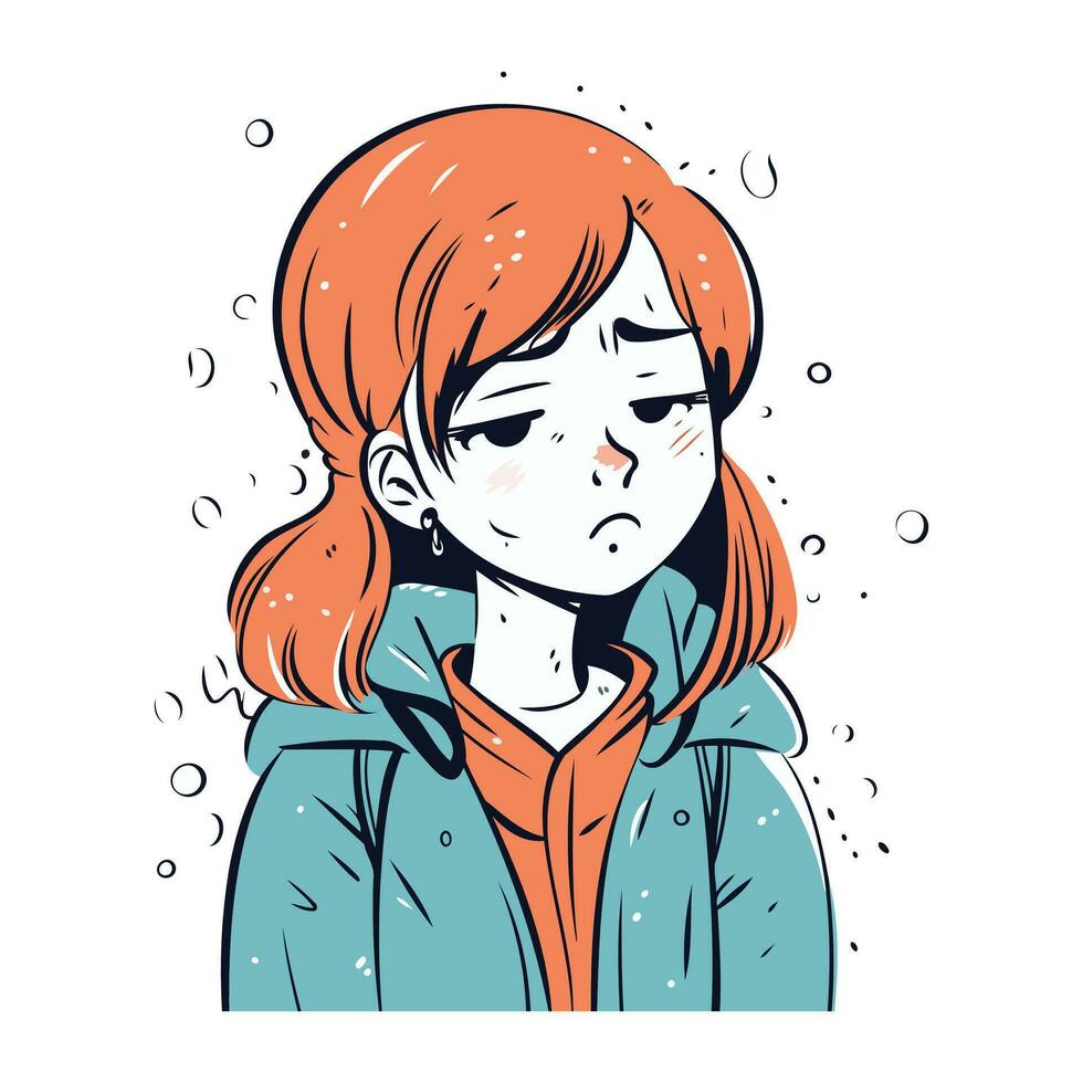 vektor illustration av en ledsen flicka i en huvor jacka. tecknad serie stil.