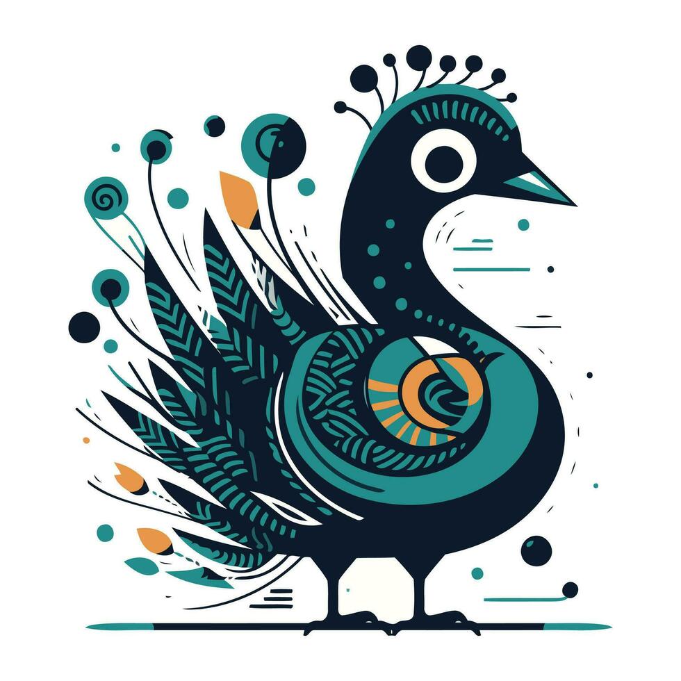 Vektor Illustration von Pfau auf Weiß Hintergrund. eben Stil Design.