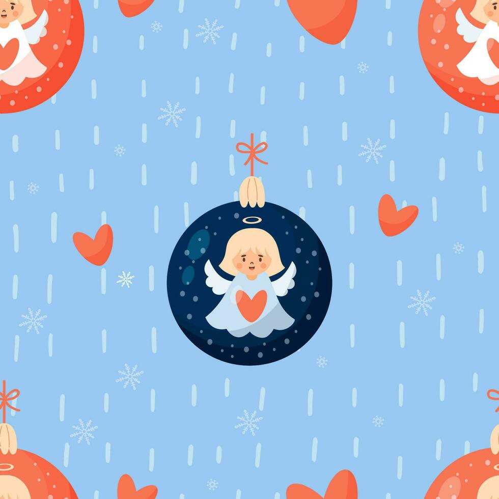 sömlös mönster med jul boll med liten ängel flicka på blå bakgrund. vektor ny år illustration i tecknad serie stil. söt xmas barn samling.