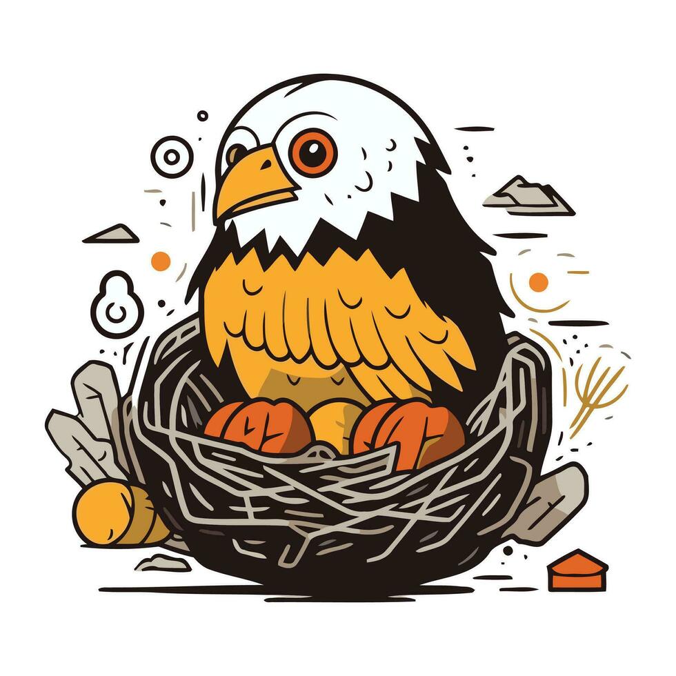 Örn i en bo med ägg. vektor illustration i tecknad serie stil.