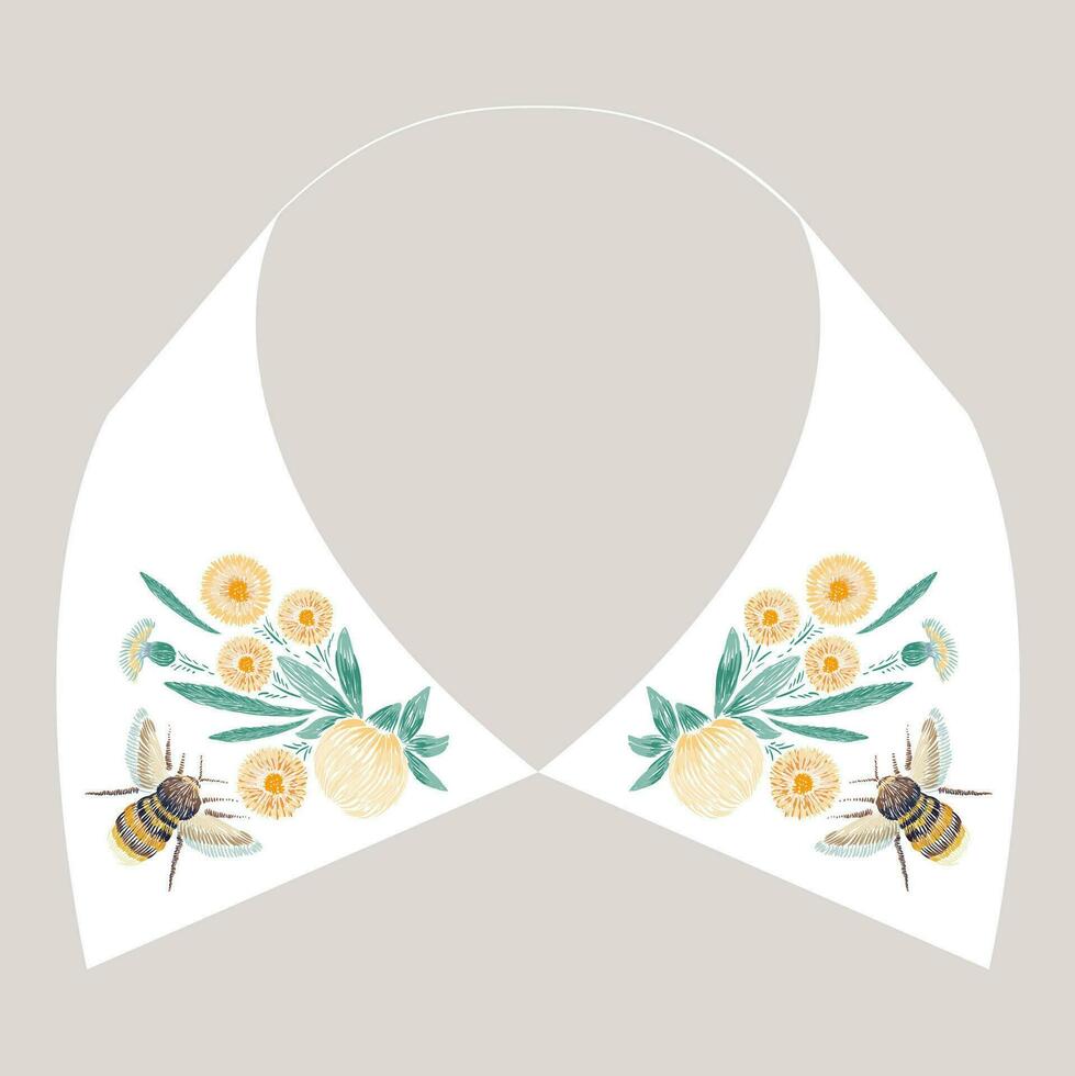 Satin- Stich Stickerei Design mit Gelb Blumen und Biene. Volk Linie Blumen- modisch Muster zum Kleid Kragen. natürlich Mode Ornament zum Hals auf Weiß Hintergrund. vektor