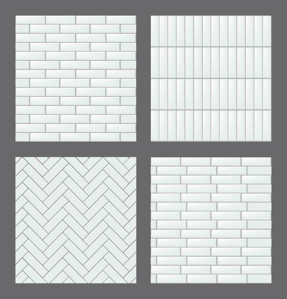 uppsättning av sömlös mönster med modern rektangulär vit kakel. realistisk texturer samling. vektor illustration.