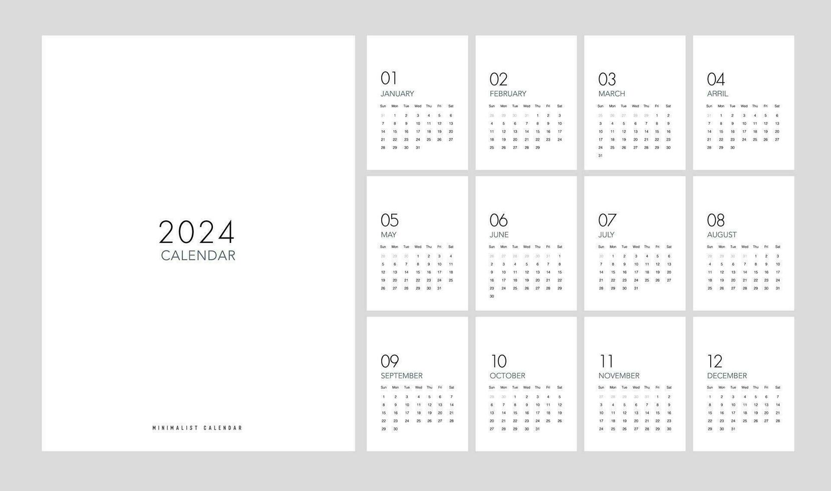 kalender 2024 trendig minimalistisk stil. uppsättning av 12 sidor skrivbord. 2024 minimal kalender hyvling vektor för utskrift mall