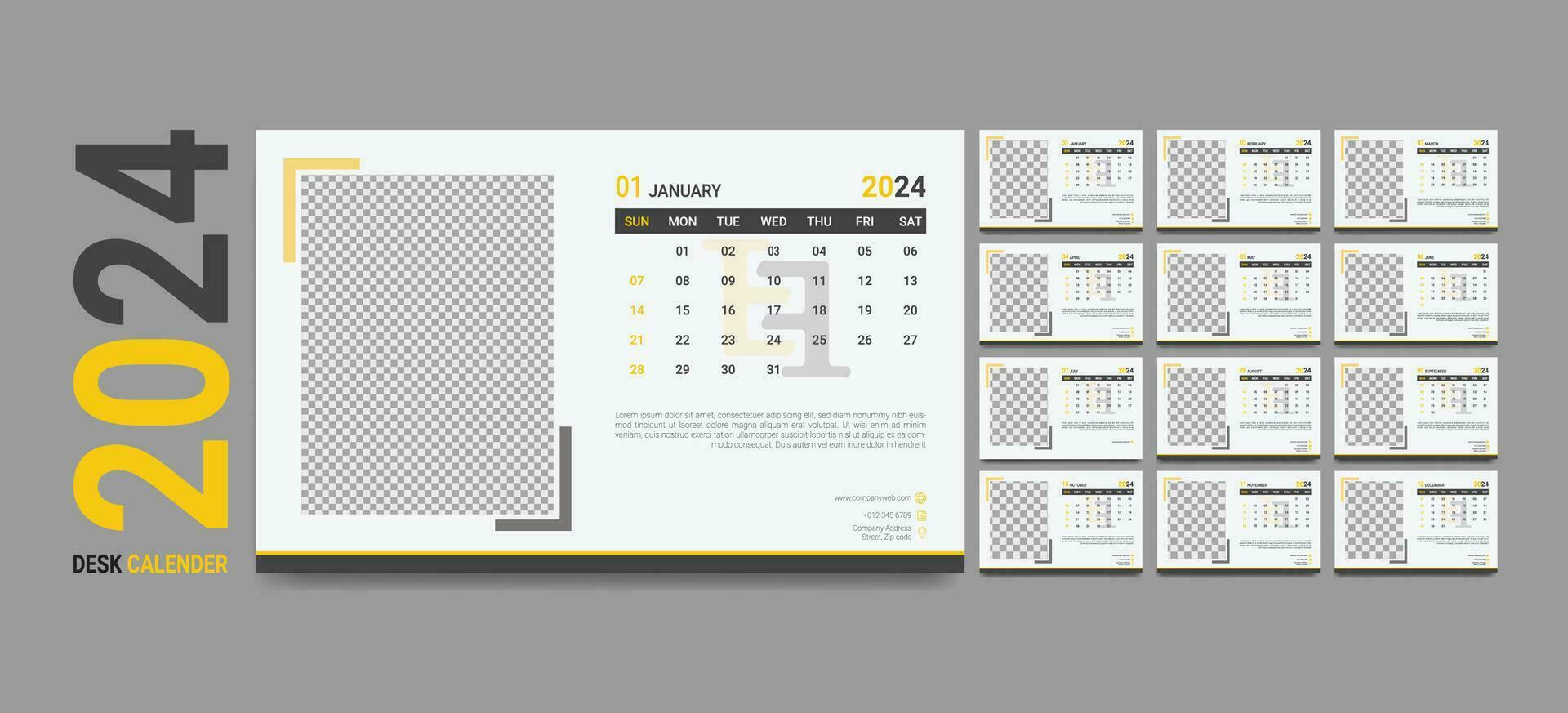 sauber und minimalistisch Neu Geschäft Stil Schreibtisch Kalender 2024, Neu Jahr Kalender Design mit Foto Raum im Hintergrund vektor
