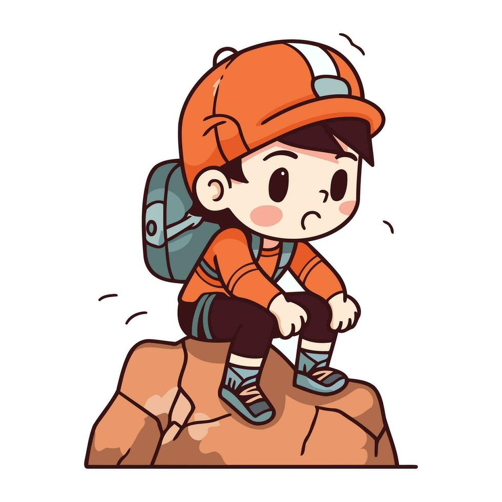 söt liten pojke klättrande på en sten. vektor illustration i tecknad serie stil.