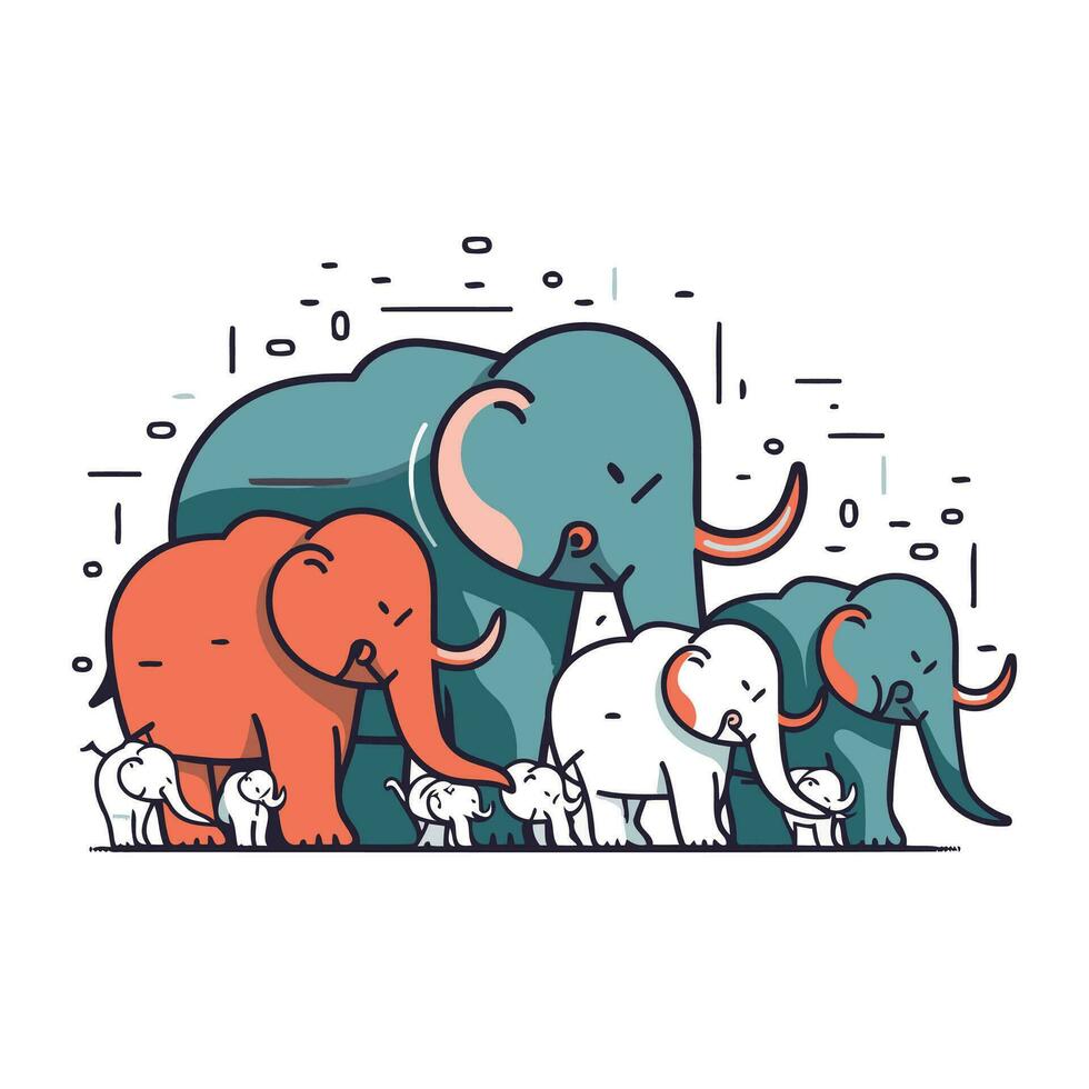 söt tecknad serie elefant familj. vektor illustration i tunn linje stil.