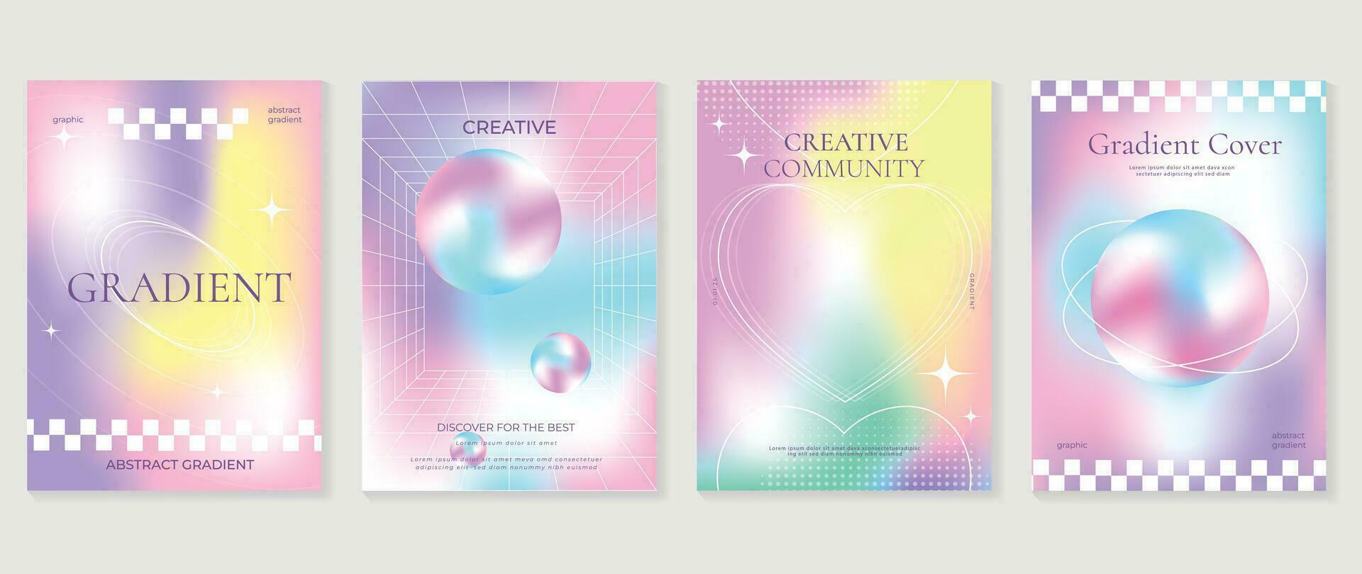 Gradient Startseite Satz. süß Gradient holographisch Hintergrund Vektor mit beschwingt Farben, funkeln, Stern, Grenze. y2k modisch Hintergrund Design zum Sozial Medien, Karten, Banner, Flyer, Broschüre.