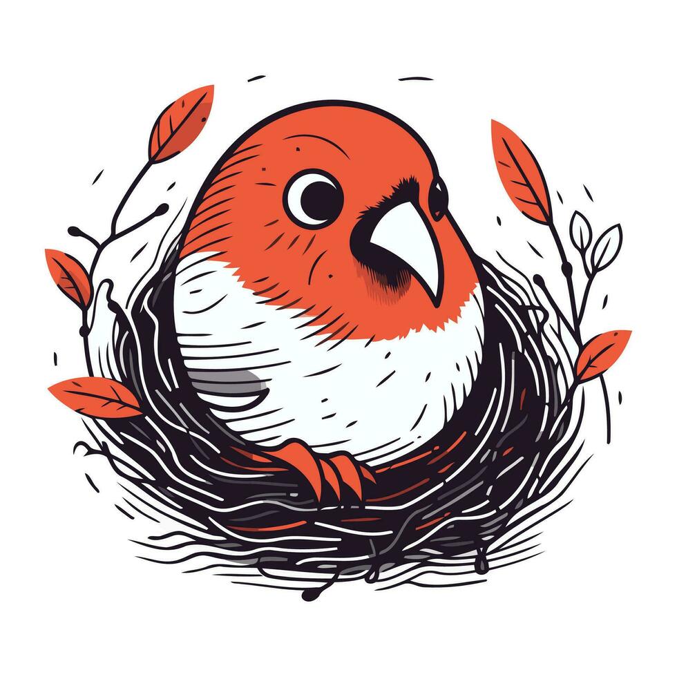 hand dragen vektor illustration av en söt röd fågel i en bo.