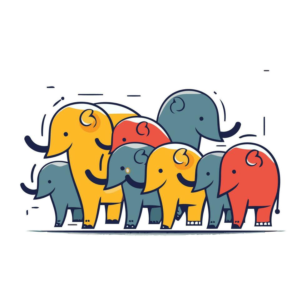 vektor illustration av grupp av elefanter i platt linje stil. söt tecknad serie djur.