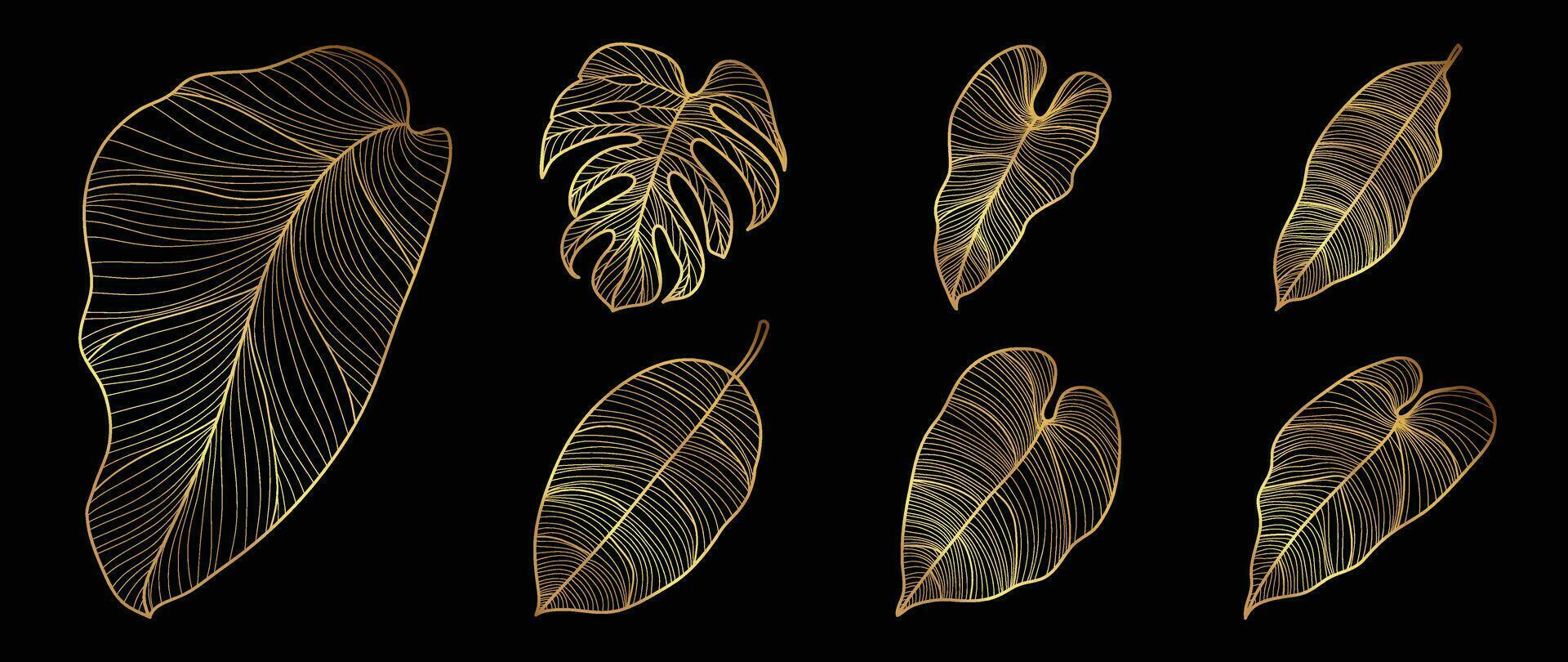 uppsättning av lyx lövverk vektor element. samling av botanisk med tropisk löv, monstera, höst växt, vår i guld hand dragen mönster. elegant orientalisk löv för dekorativ, grafik, logotyp.