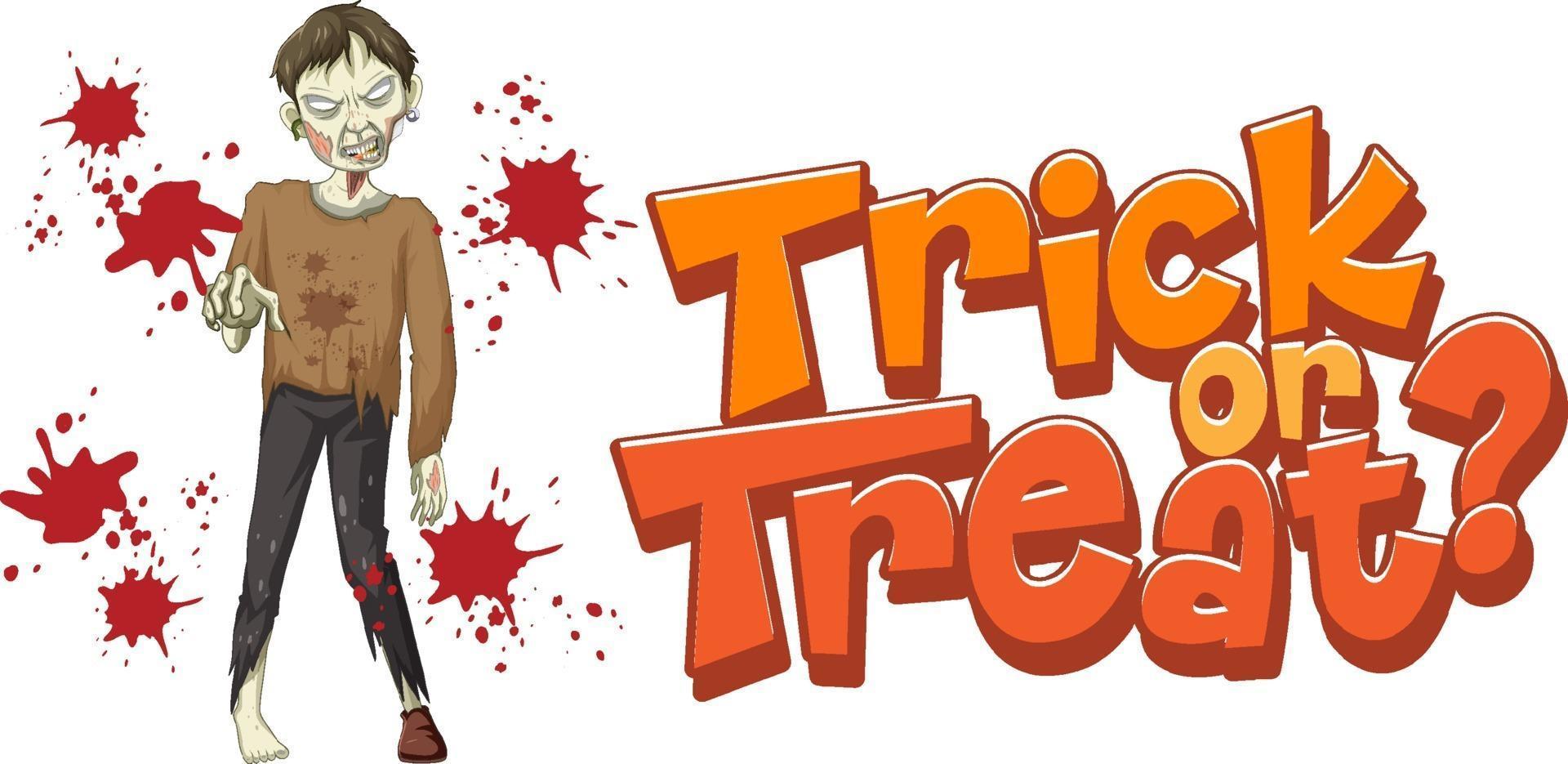 trick or treat text design med läskiga zombie vektor