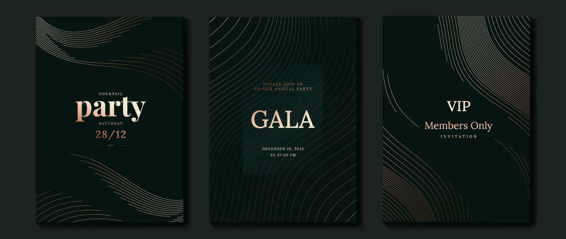 Luxus Einladung Karte Hintergrund Vektor. golden Kurve elegant, Gold Linie Gradient auf dunkel Grün Farbe Hintergrund. Prämie Design Illustration zum Gala Karte, großartig Öffnung, Party Einladung, Hochzeit. vektor