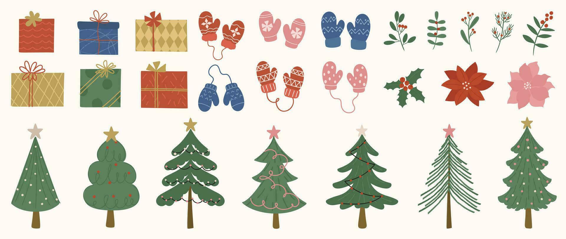 einstellen von dekorativ Weihnachten Element Vektor Illustration. Sammlung von Weihnachten Baum, Handschuh, gegenwärtig, Blume, Laub. Design zum Aufkleber, Karte, Poster, Einladung, Gruß.