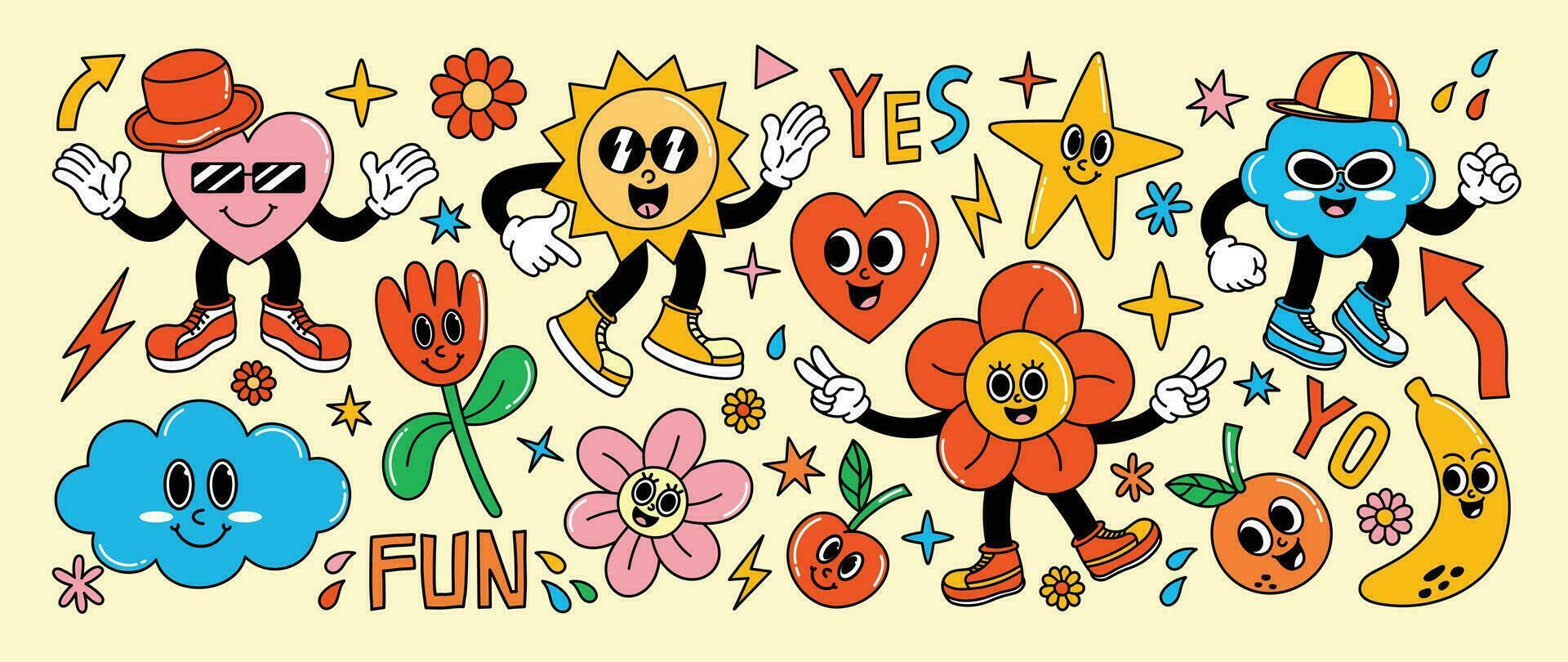uppsättning av 70s häftig element vektor. samling av tecknad serie tecken, klotter leende ansikte, hjärta, Sol, blomma, moln, banan, körsbär. söt retro häftig hippie design för dekorativ, klistermärke, ungar. vektor