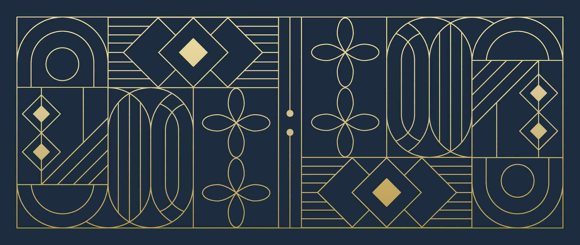 Luxus geometrisch Gold Linie Kunst und Kunst Deko Hintergrund Vektor. abstrakt geometrisch Rahmen und elegant Kunst Jugendstil mit empfindlich. Illustration Design zum Einladung, Banner, VIP, Innere, Dekoration. vektor